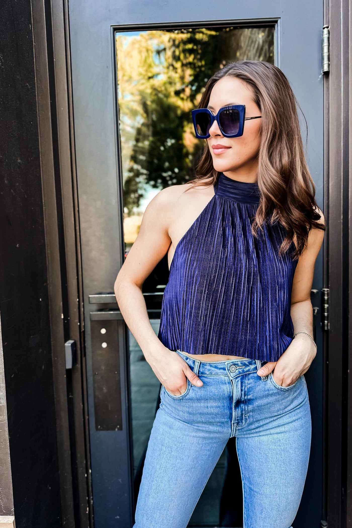 The Shine, Shine, Shine Navy Halter Crop Top