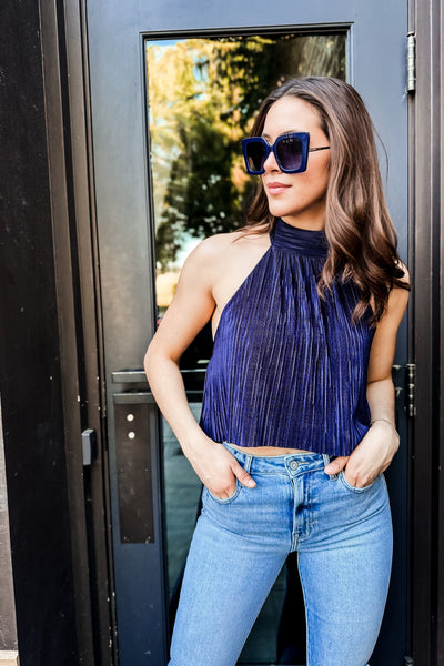 The Shine, Shine, Shine Navy Halter Crop Top