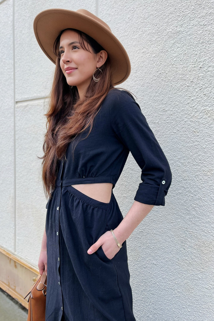 The Born Free Black Button-Up Cut Out Midi Dress