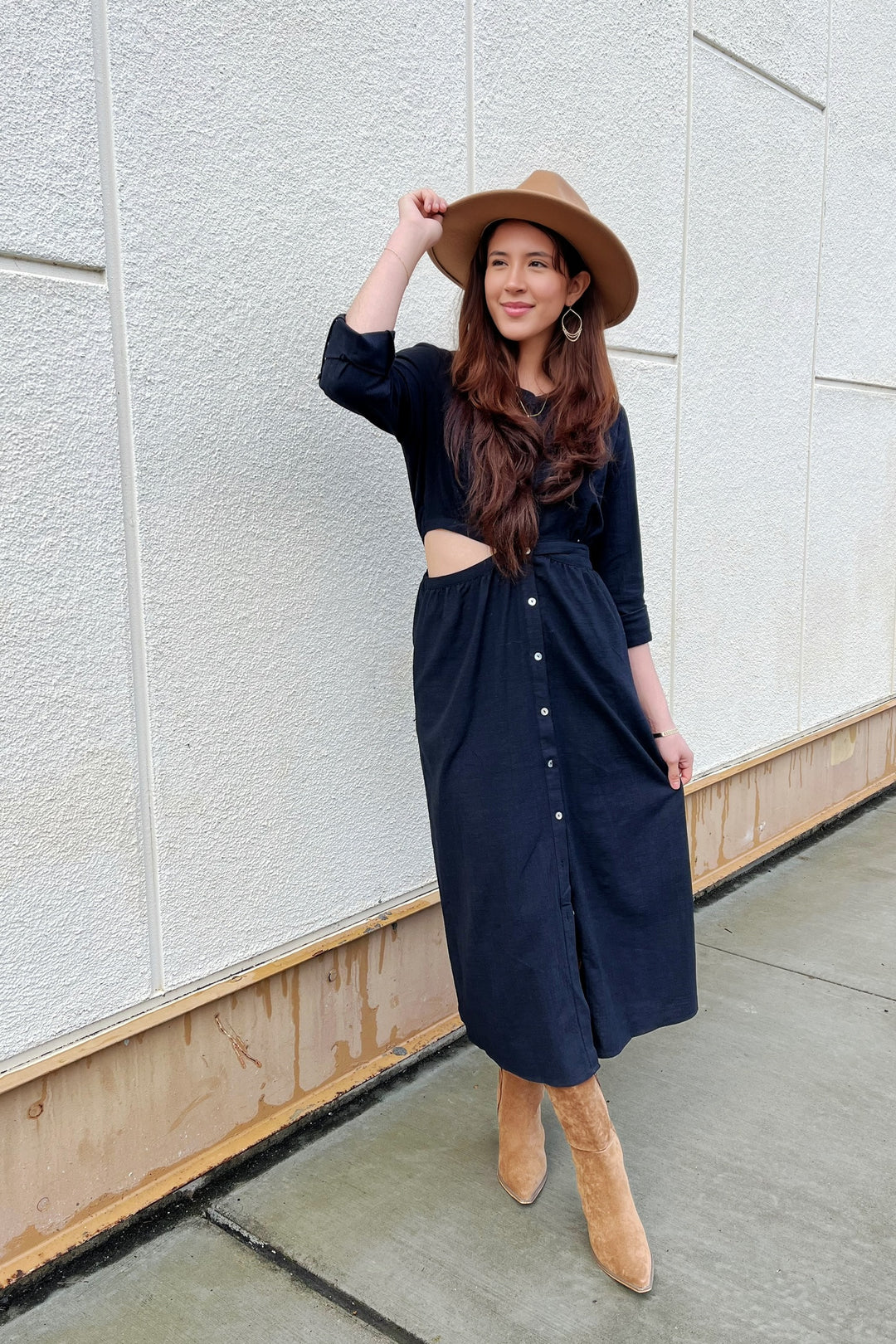 The Born Free Black Button-Up Cut Out Midi Dress