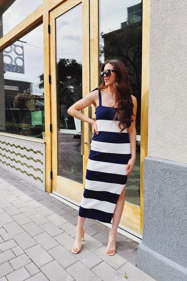 The Stir it Up Navy and White Stripe Knit Maxi Dress