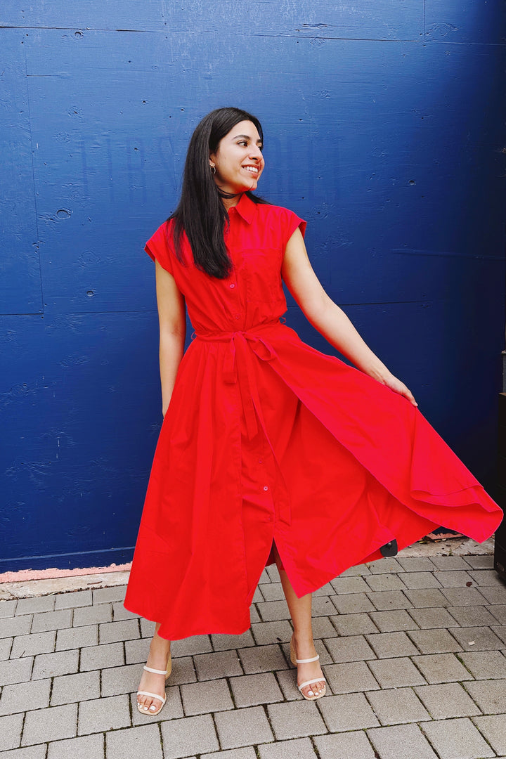 The Electric Love Red Button Down Midi Dress