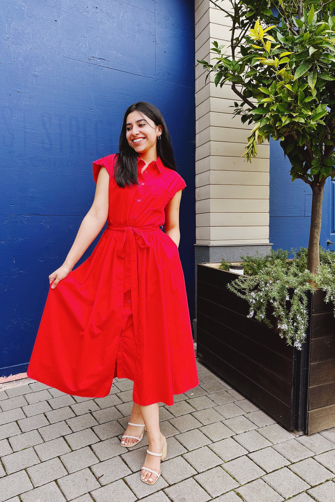The Electric Love Red Button Down Midi Dress