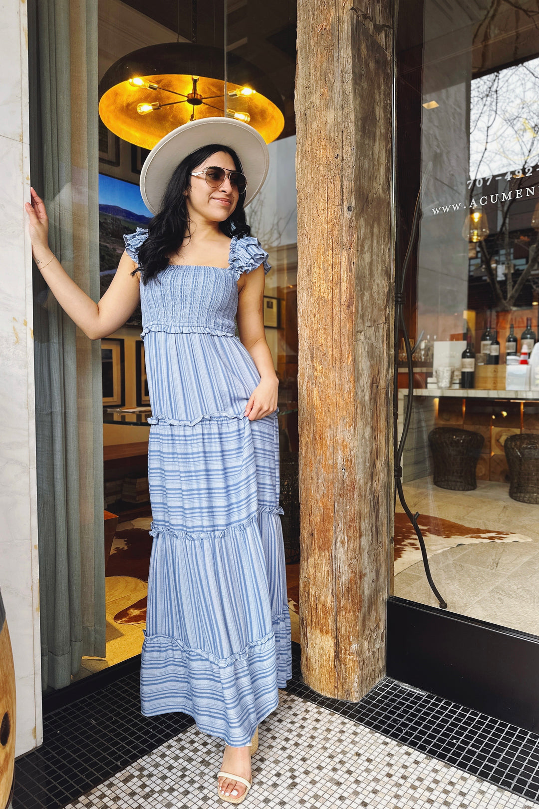 The What Now Denim Blue Tiered Maxi Dress