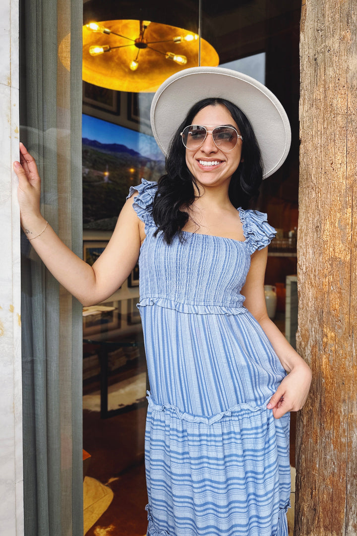 The What Now Denim Blue Tiered Maxi Dress