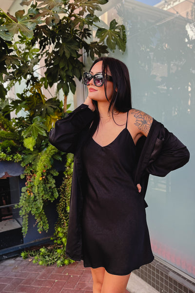 The Meet Me at Midnight Black Satin Mini Dress and Shirt Set