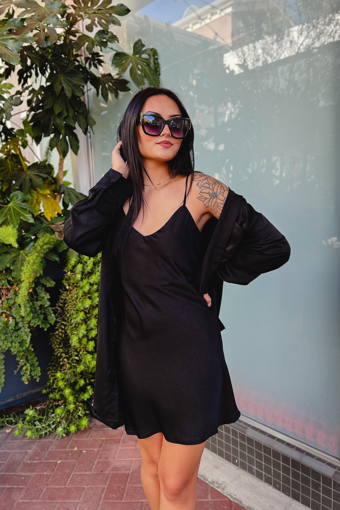 The Meet Me at Midnight Black Satin Mini Dress and Shirt Set