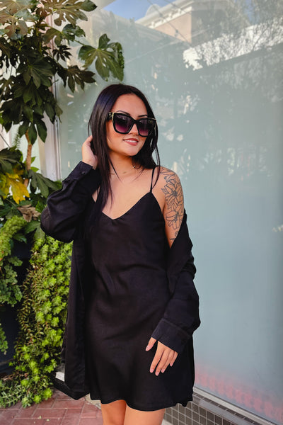 The Meet Me at Midnight Black Satin Mini Dress and Shirt Set