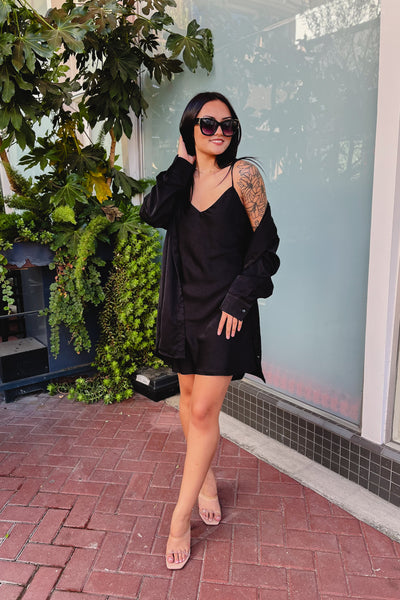 The Meet Me at Midnight Black Satin Mini Dress and Shirt Set