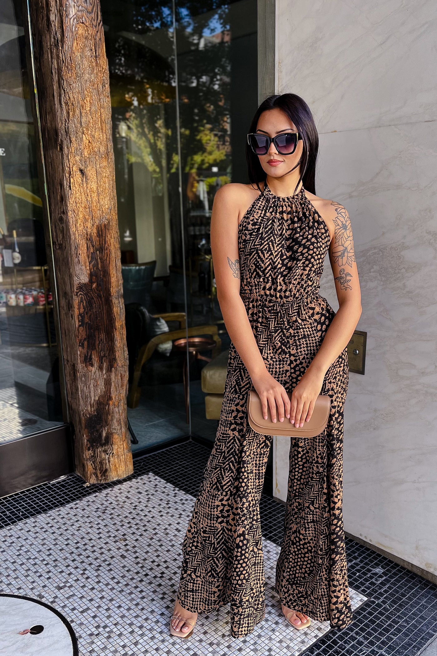 The Kaleidoscope Camel & Black Halter Tie Jumsuit