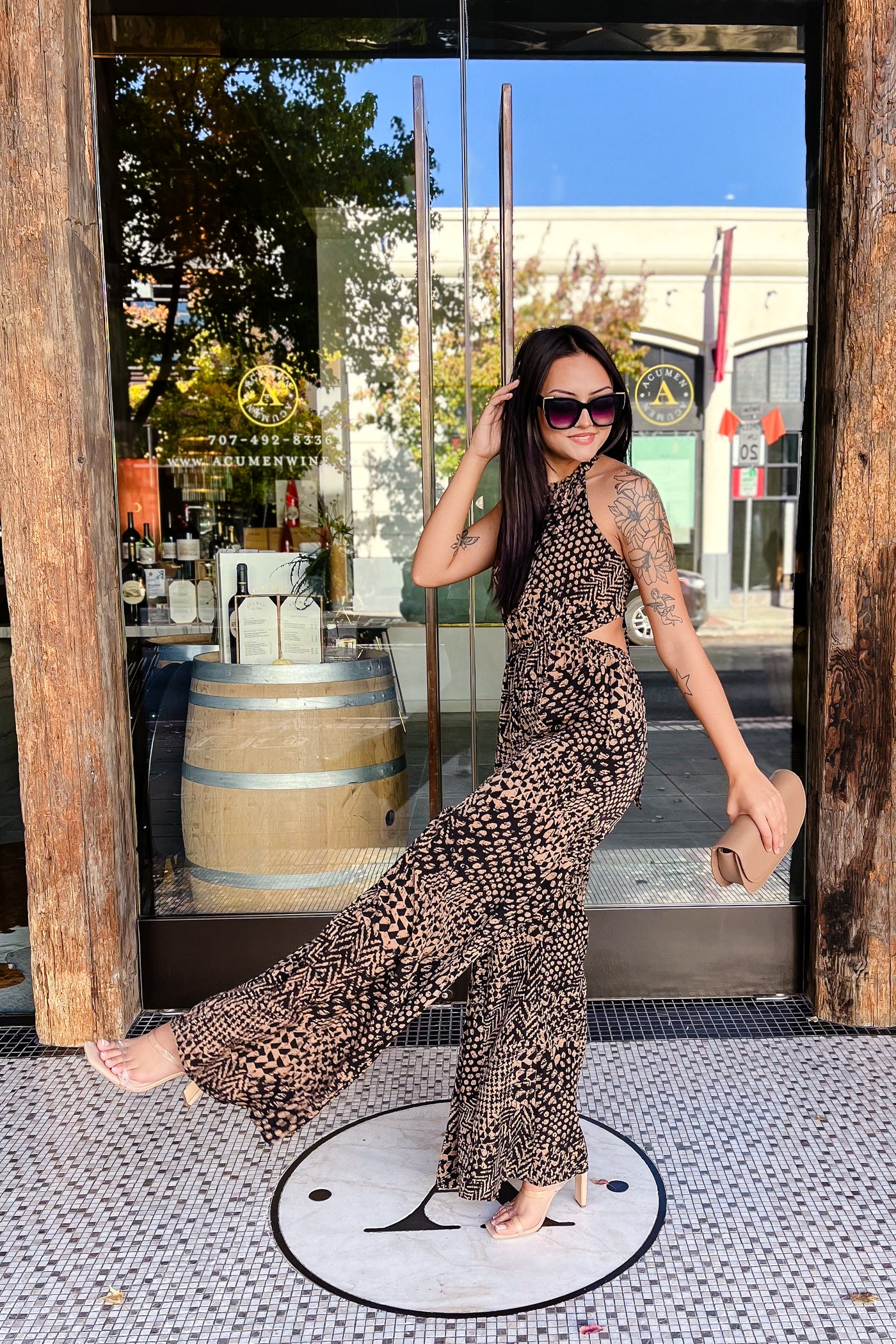The Kaleidoscope Camel & Black Halter Tie Jumsuit