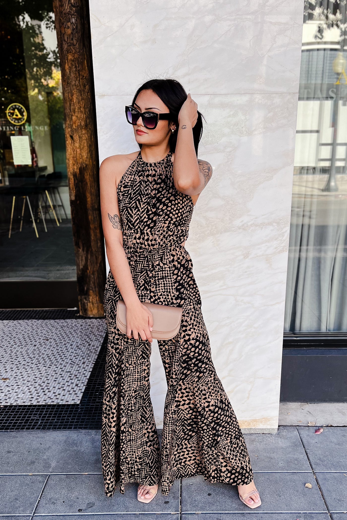 The Kaleidoscope Camel & Black Halter Tie Jumsuit