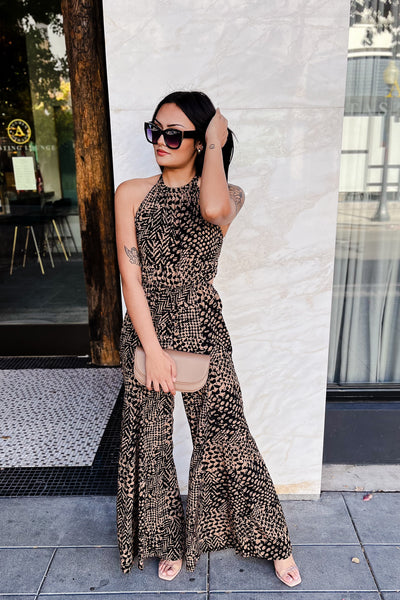 The Kaleidoscope Camel & Black Halter Tie Jumsuit