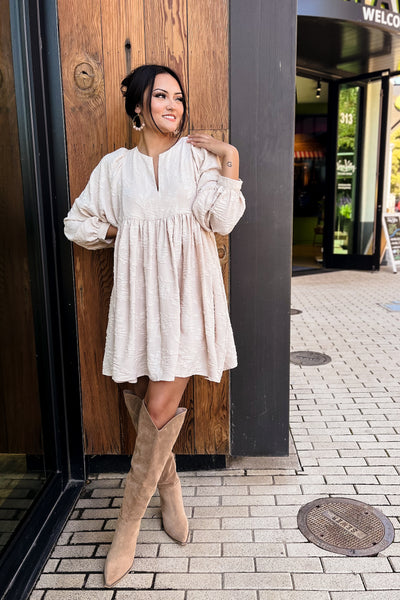 The Better Than Yesterday Ecru Long Sleeve Mini Dress