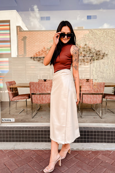 The Better Life Faux Leather Wrap Midi Skirt