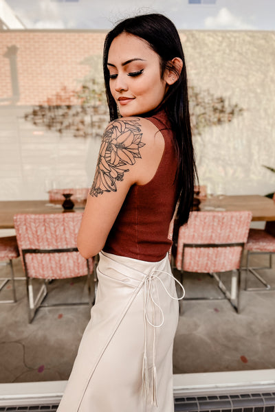 The Better Life Faux Leather Wrap Midi Skirt