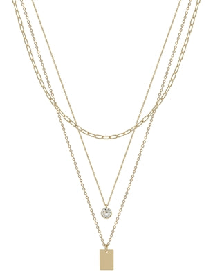 The Gold Stone and Square Pendant Triple Layer Necklace
