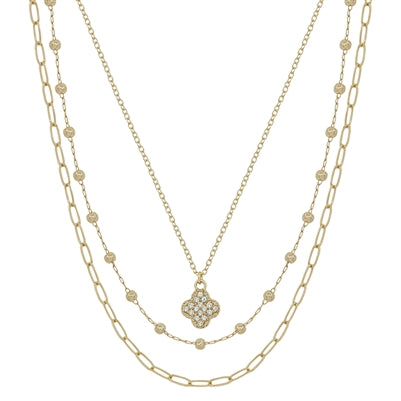 The Gold Rhinestone Clover Pendant Triple Layer Necklace