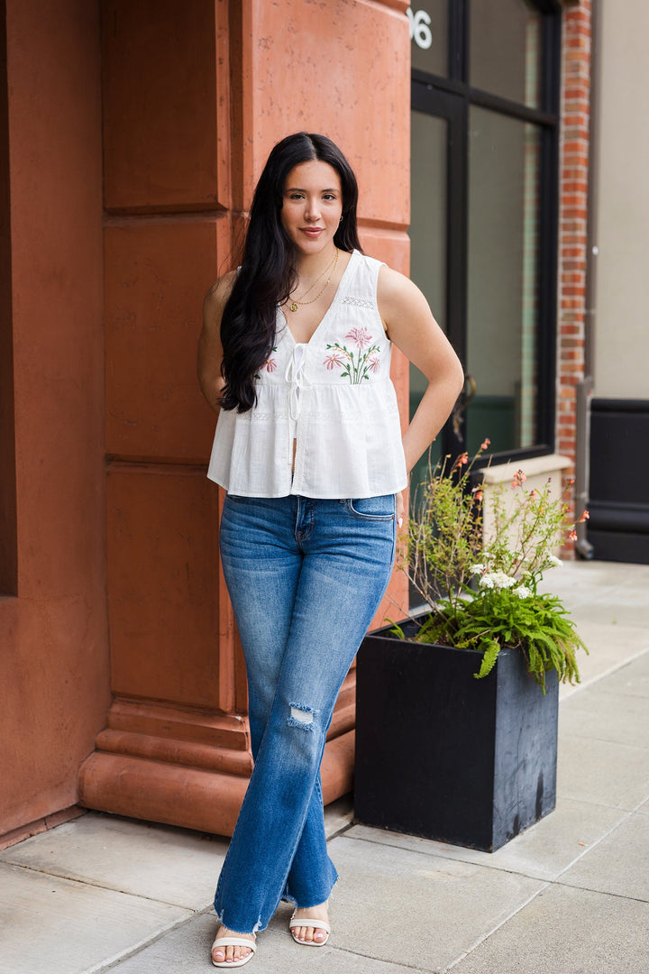 The Sweet Summertime White Embroidered Tie Front Top