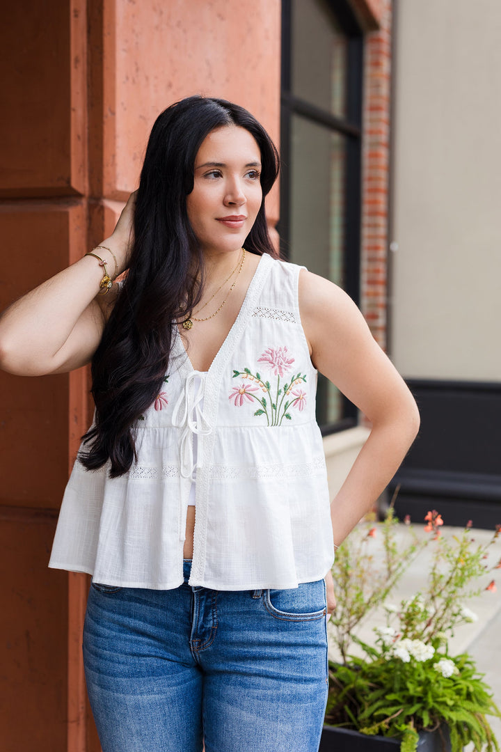 The Sweet Summertime White Embroidered Tie Front Top