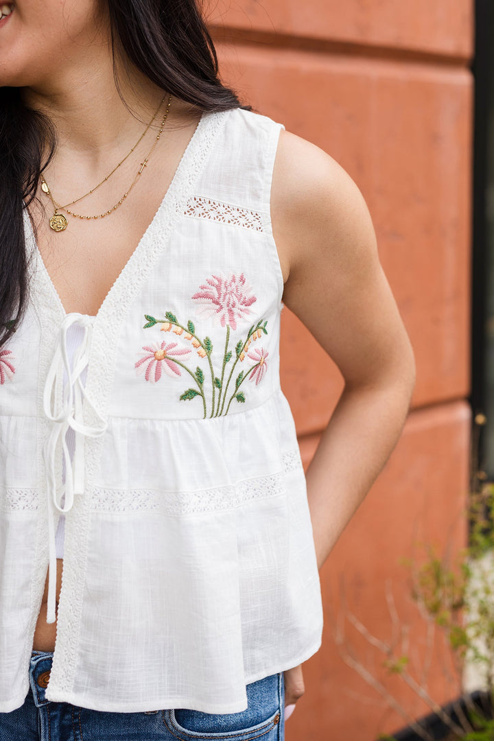 The Sweet Summertime White Embroidered Tie Front Top