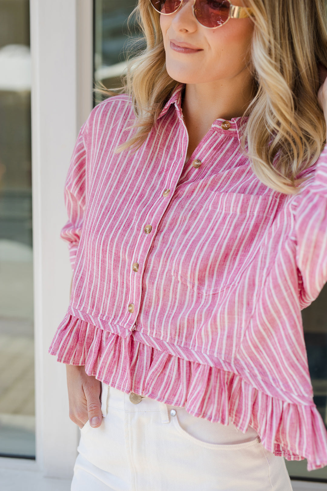 The San Clemente Striped Ruffle Hem Top