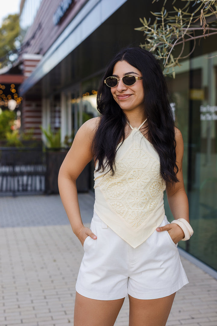 The Festival Crochet Medallion Pointed Hem Halter Top