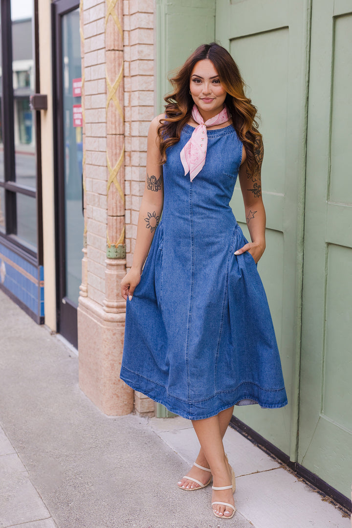 The Round About Denim Midi Dress