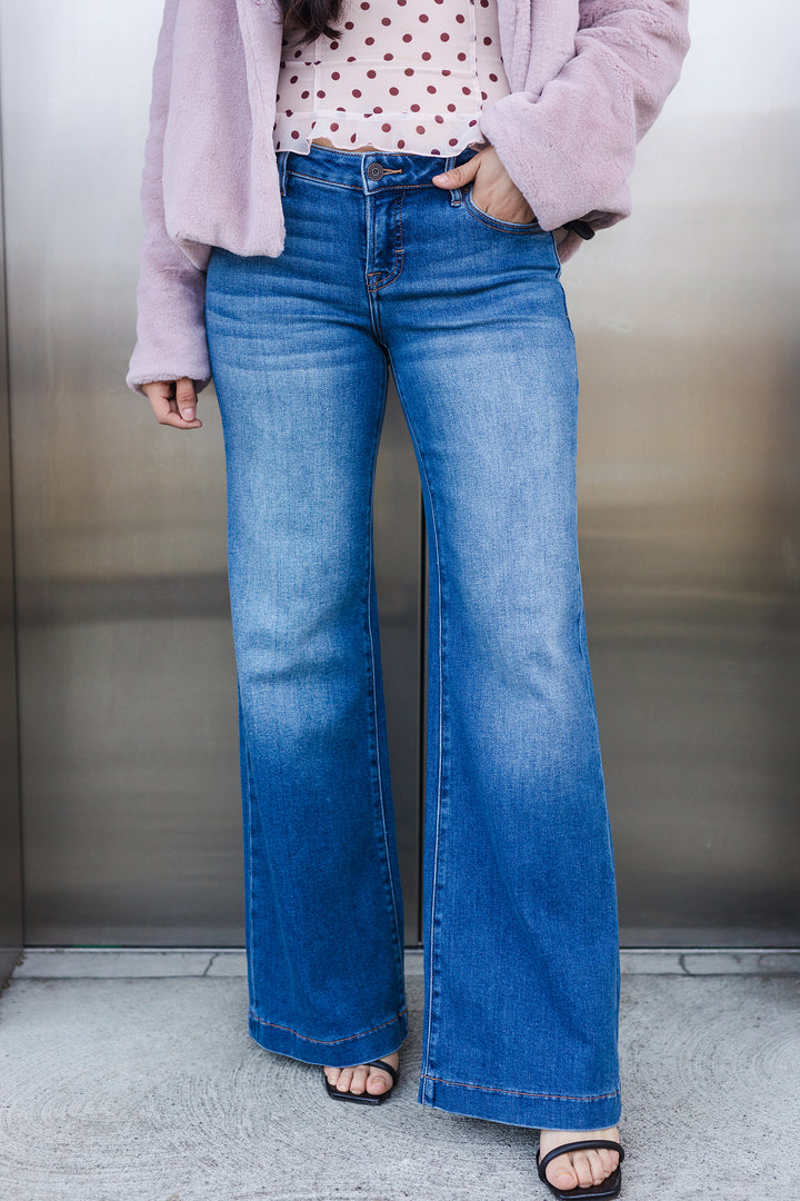 The Rowan Medium Dark Stretch Low Rise Comfort Flare Jeans by Hidden