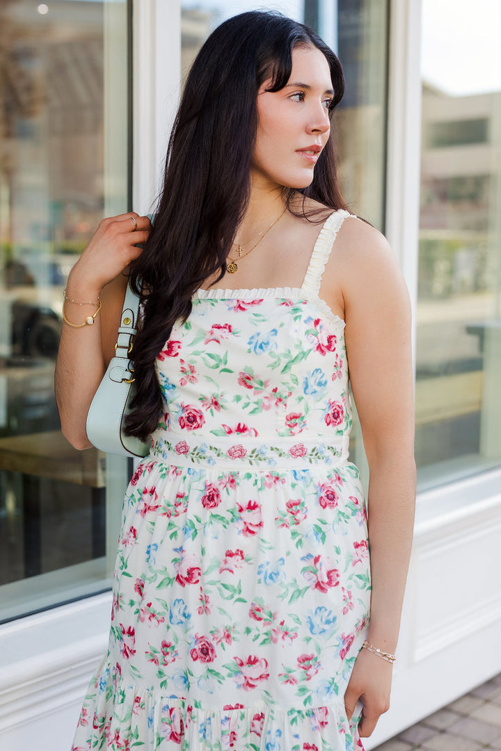 The Garden Glow Ruched Strap Midi Dress