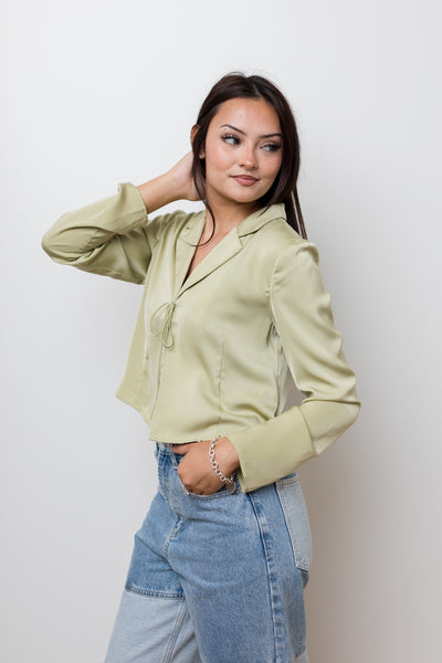 The Irene Sage Satin Tie Front Top