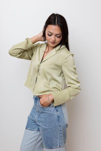 The Irene Sage Satin Tie Front Top