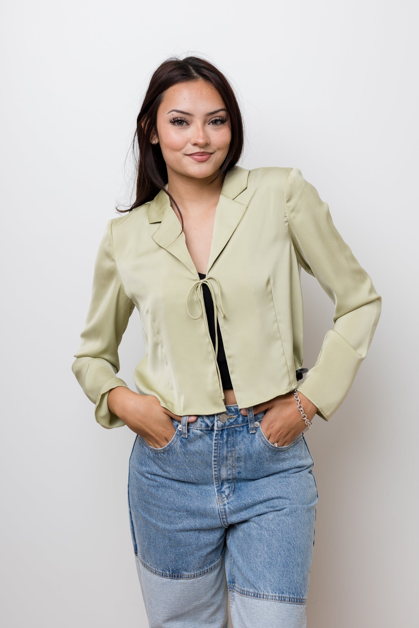 The Irene Sage Satin Tie Front Top