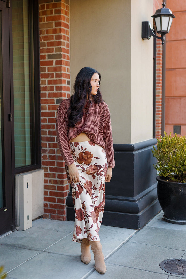 The Autumn Romantic Floral Satin Maxi Skirt