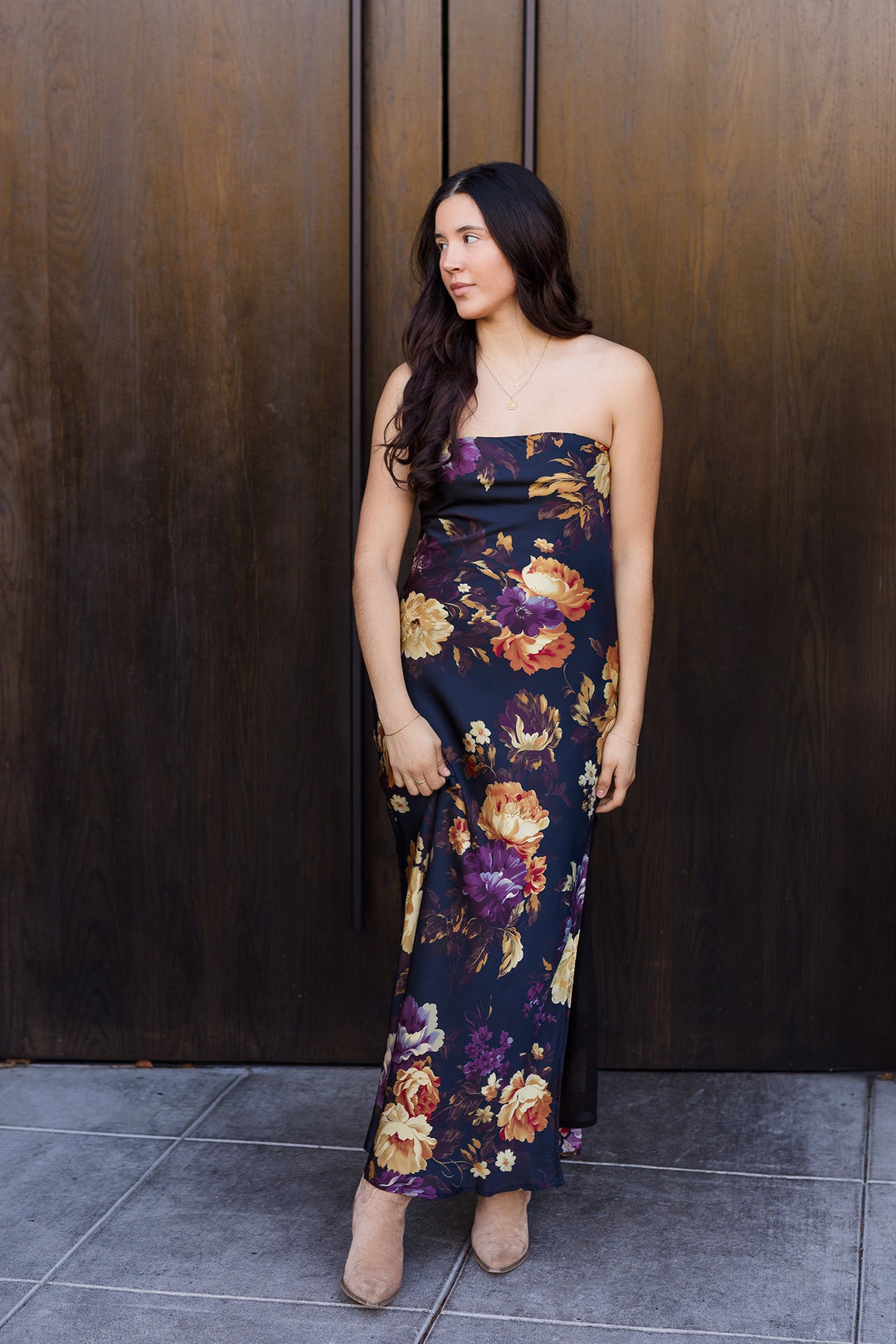 The Midnight Floral Stapless Satin Maxi Dress