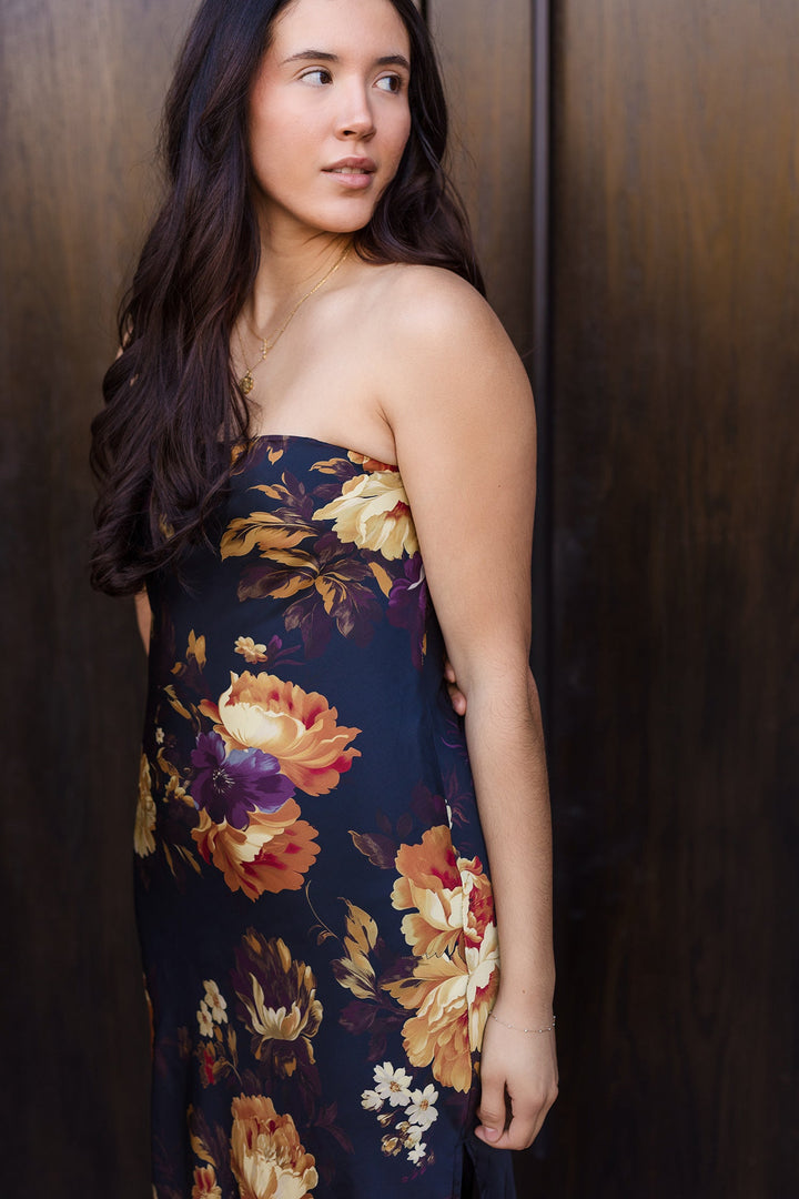 The Midnight Floral Stapless Satin Maxi Dress