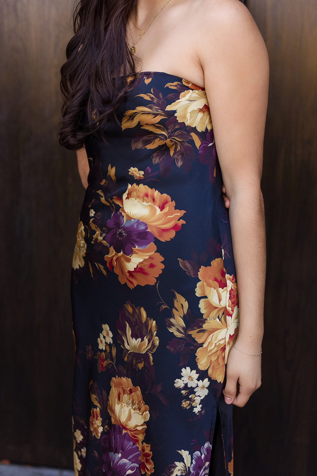 The Midnight Floral Stapless Satin Maxi Dress