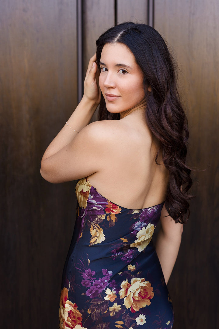 The Midnight Floral Stapless Satin Maxi Dress