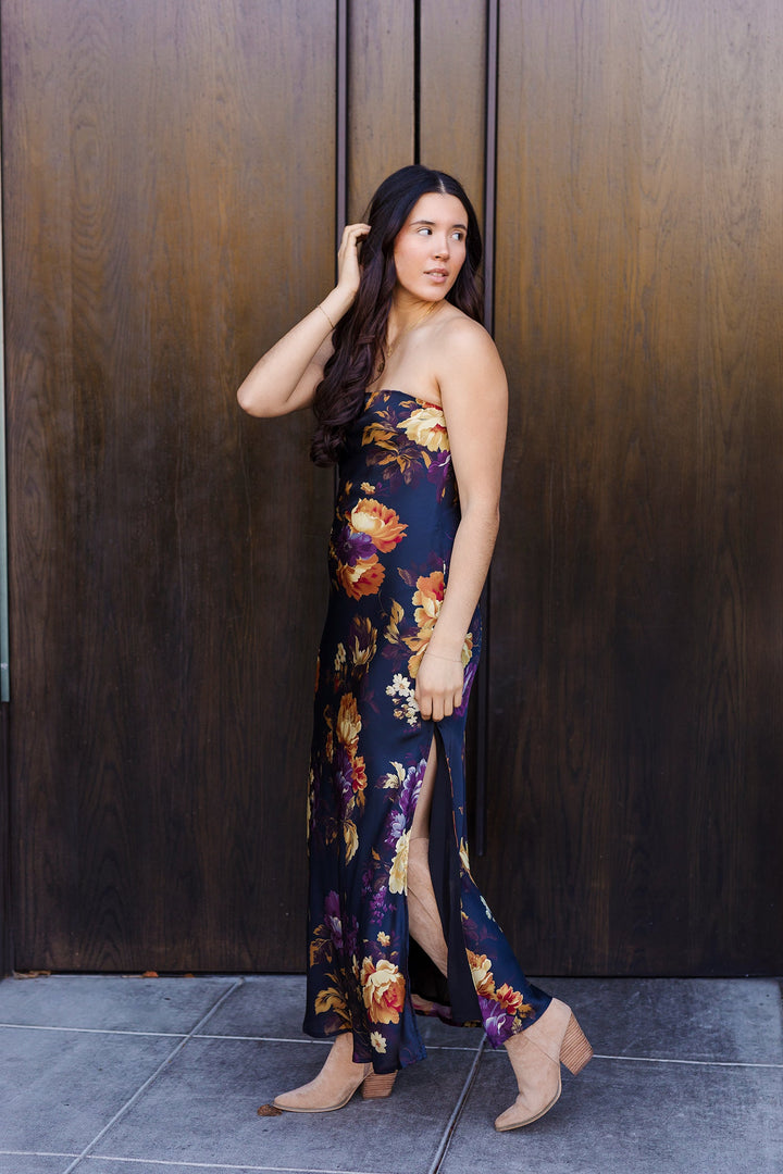 The Midnight Floral Stapless Satin Maxi Dress