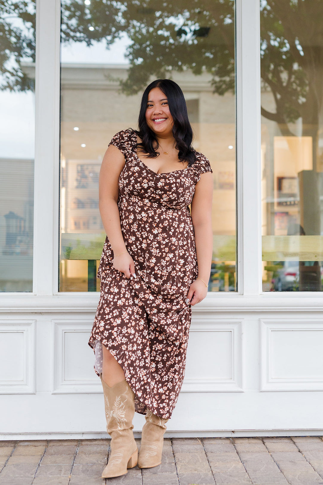 The Falling In My Feels Floral Print Midi Dress Medium / Brown The Falling In My Feels Floral Print Midi Dress Medium / Brown