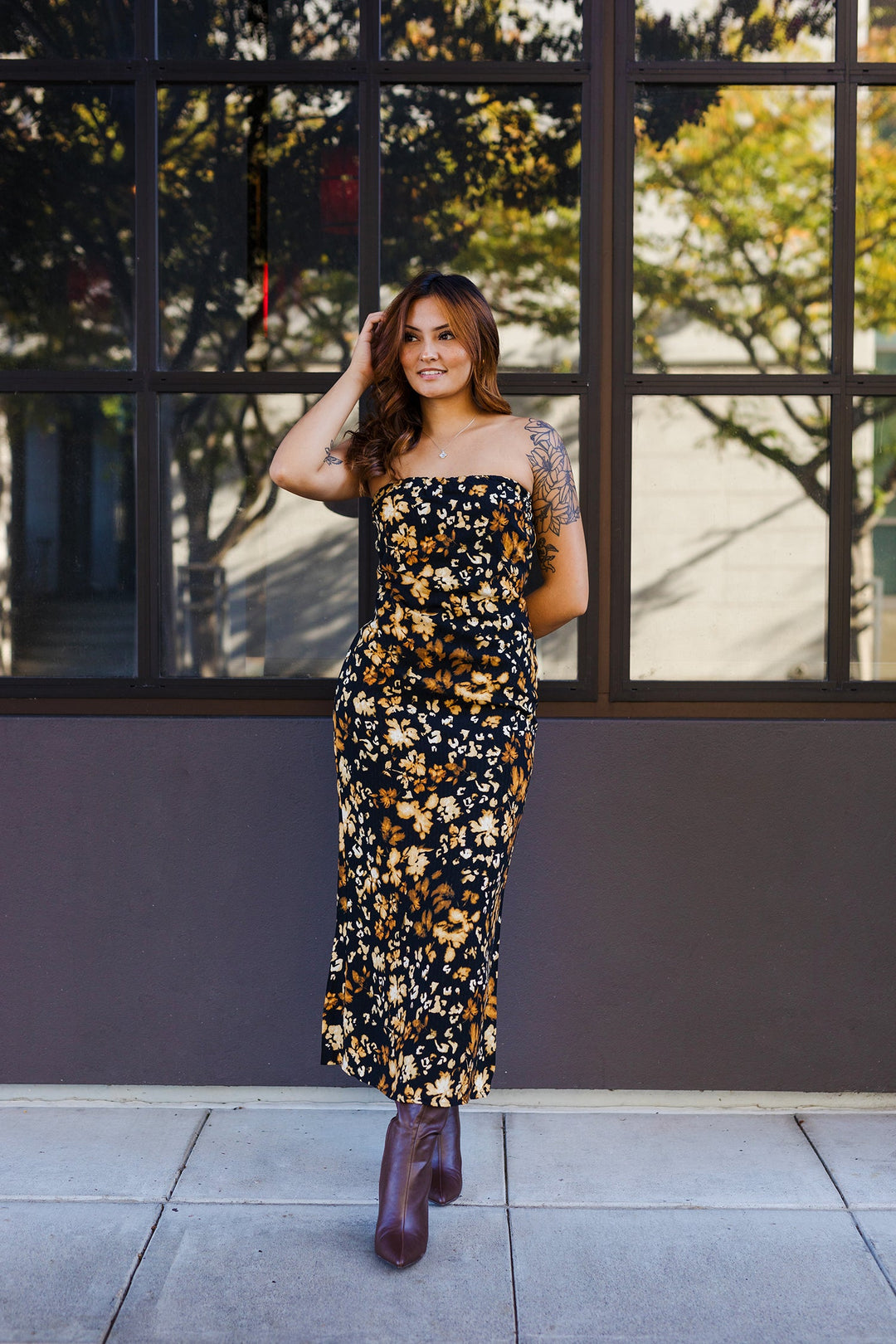The Golden Leaves Strapless Maxi Dress