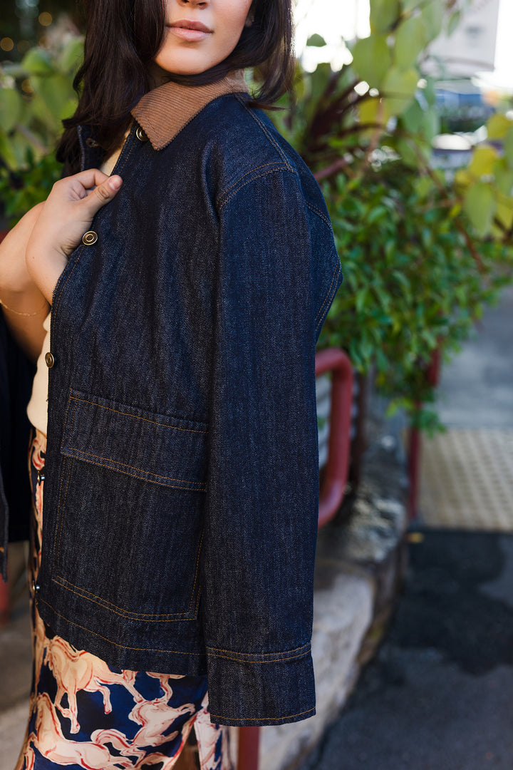 The Almost Famous Dark Wash Corduroy Collar Barn Jacket