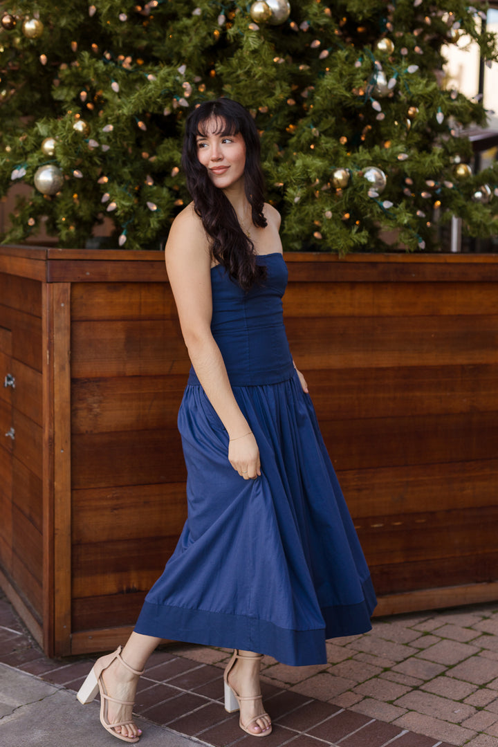 The First In Class Strapless Drop Waist Midi Dress