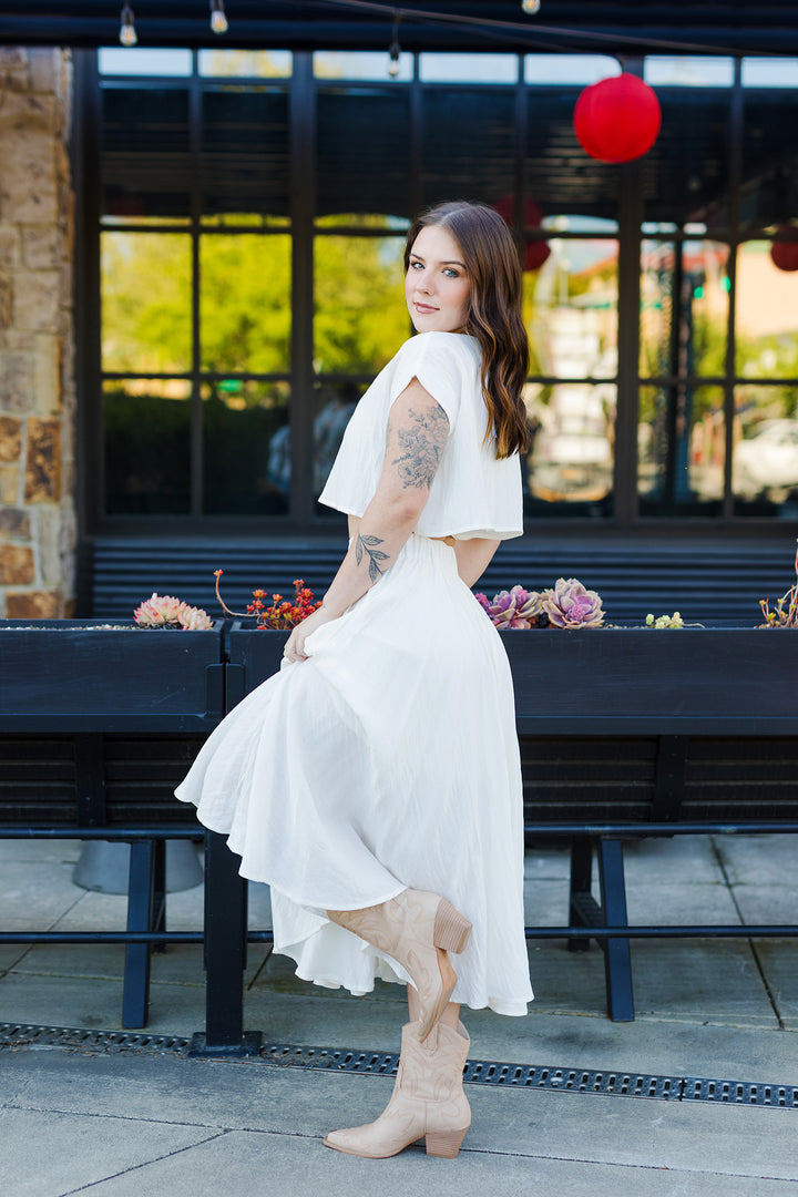 The Cassie Linen Two Piece Top & Midi Skirt Set
