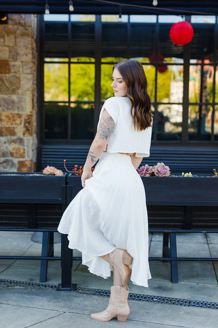 The Cassie Linen Two Piece Top & Midi Skirt Set