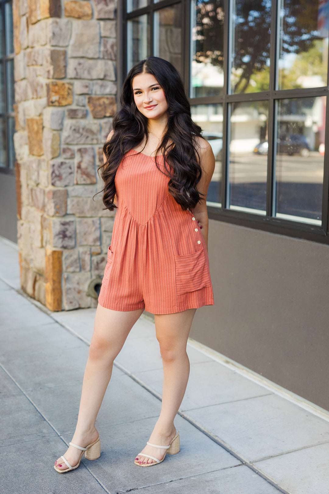 The Be Right Back Navy Striped Linen Romper