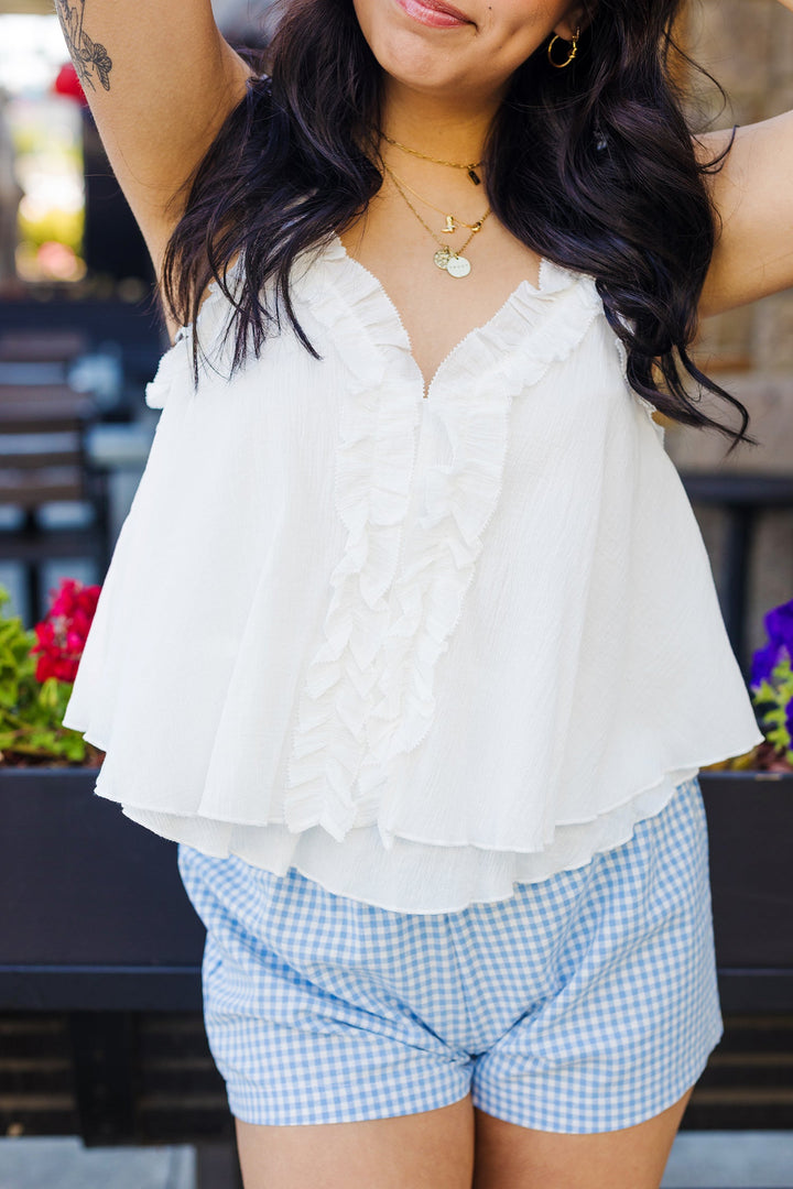 The Sun Soaker White Ruffled Top