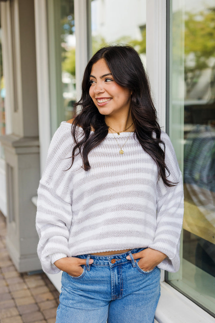The Paisey Striped Knit Off The Shoulder Sweater
