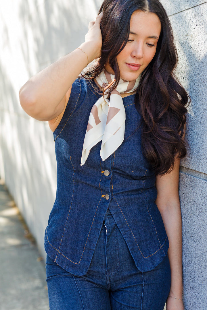 The Round About Dark Denim Button Front Vest Top