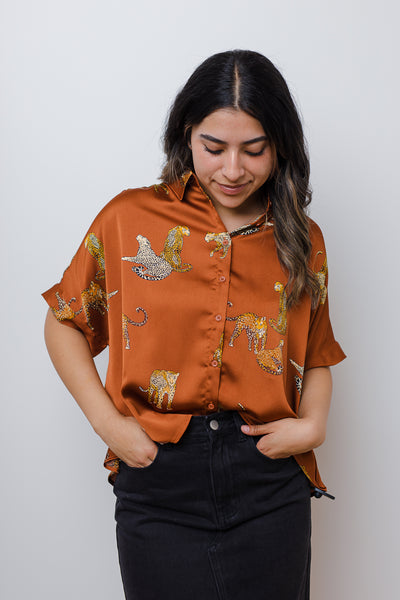 The Saseka Leopard Print Brown Satin Top